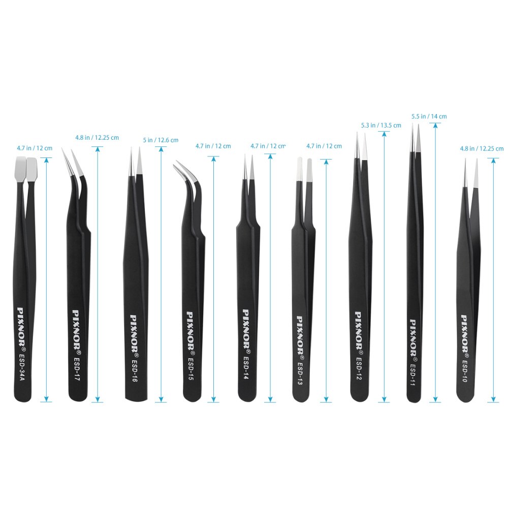 PIXNOR 9pcs Premium Anti-static ESD Stainless Steel Tweezers Set with Case for Electronics / Jewelry-making / Laboratory Work /