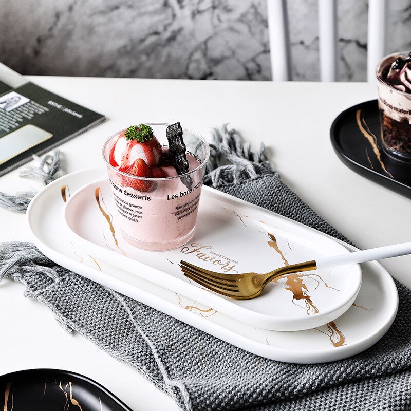 Plato ovalado largo para postres, aperitivos y pasteles, pastelería, plato de comida occidental, plato de cerámica de mármol nórdico para desayuno, accesorios Ableware