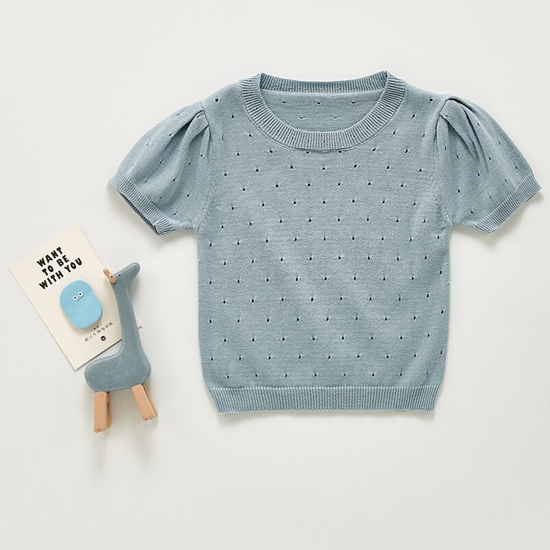 Schattige Baby Baby Katoenen Shirt Kleding Lente Zomer Korte Mouw O-hals Effen Mesh Breien Tops Voor Peuter Jongen Meisje Casual: blue / 3-6 Months