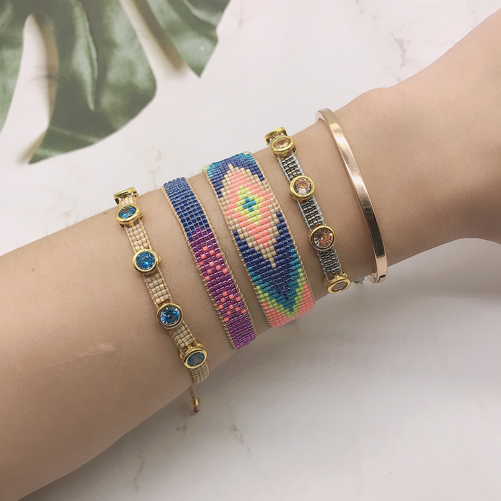 BLUESTAR 4pz Un impostato Delle Donne viola Del Cuore Braccialetti fatto a mano Della Boemia Della signora micro Pavimenta di Cristallo Rivetto Perline MIYUKI Bracciali