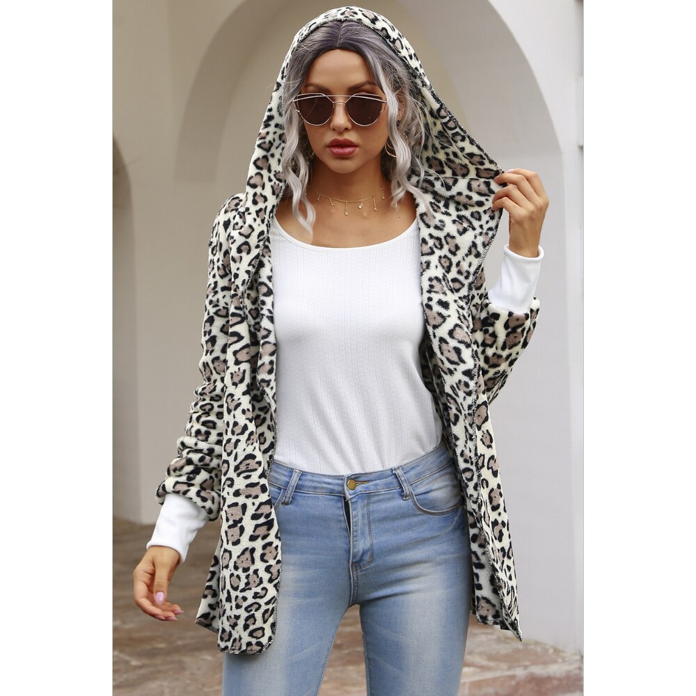 Leopard Print Hooded Cardigan Tops For Women Woolen Long Cardigan Women Open Stitch Tops