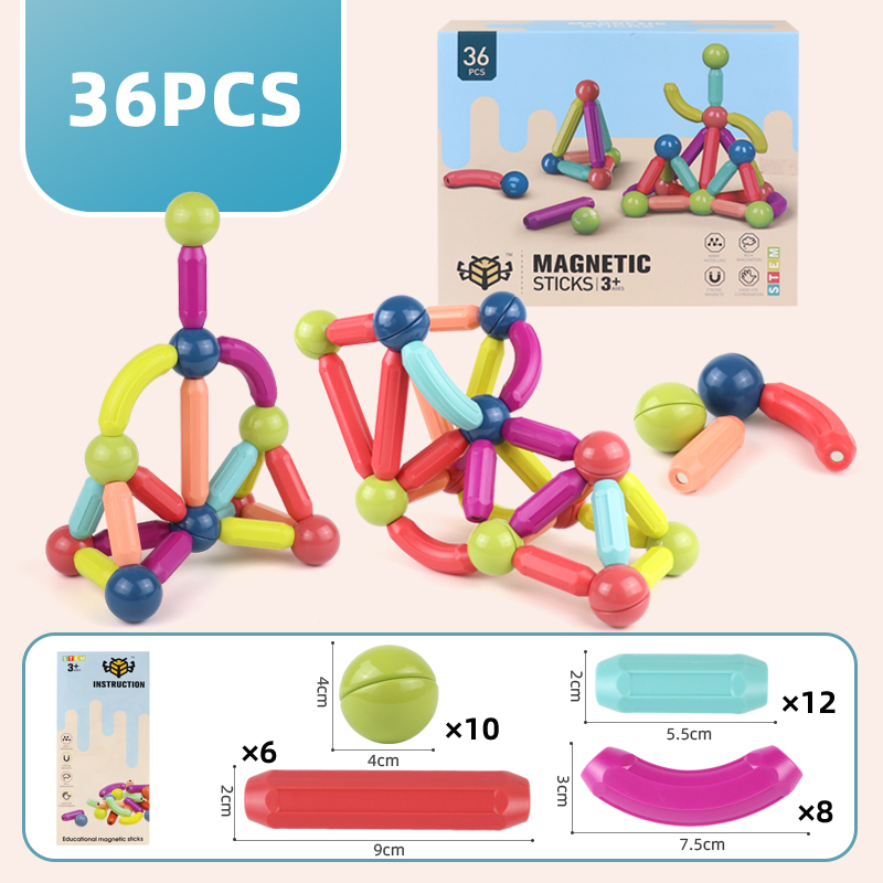 Juguetes de barra magnética Variable para niños, juguetes de bolas magnéticas de colores, rompecabezas magnético de barra magnética de 36-64 piezas, juguete educativo: 36PCS