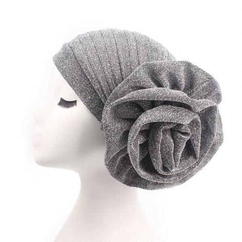 Muslim Hat Big Flower Glitter Turban Hat Muslim Indian Cap Women Head Wrap Headwear Solid Color Women's Hat Breathable: Silver
