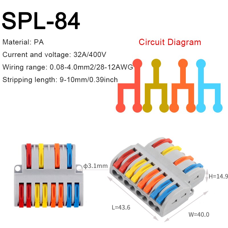 5 stk hurtig ledningssplitter splejsningsklemme spl type kompakt leder push-in ledning kabelstik med let betjeningshåndtag: Spl -84
