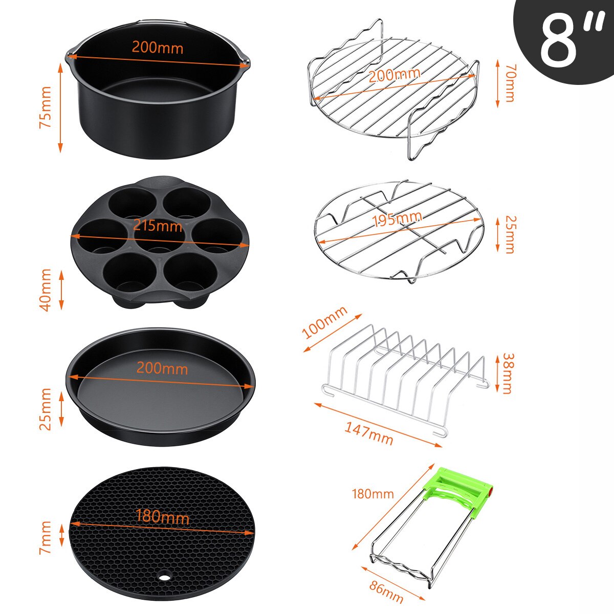 Air Fryer Accessories Set Baking Basket Pizza Plate Grill Pot Kitchen Cooking Tool 8Inch 5.3-5.8QT Deep Fryer Parts: 12Pcs Set A