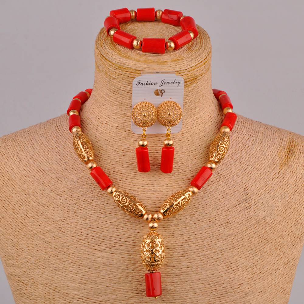 African Bead Cylindrical Red Jewelry Coral Bead Necklace India Nigeria Wedding Jewelry Sets SH-02: Default Title
