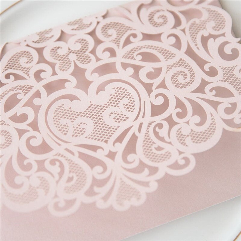 Light pink pearlescent paper invitations, wedding invitations, business invitations, cards, lace hollowed out cards