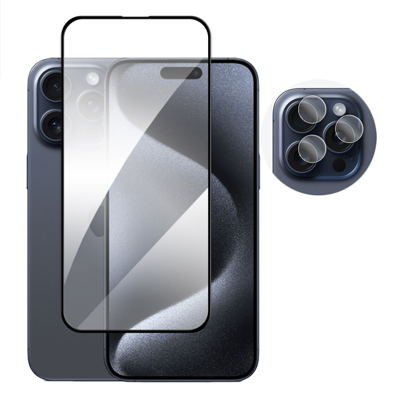 Protector de pantalla de vidrio templado para iPhone 15 Pro Max, película de lente, pegamento de cubierta completa, 2.5D: azul profundo / paquete 3