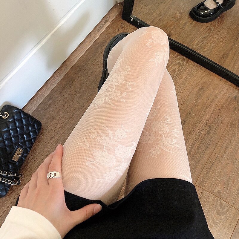 Lolita Sexy Rose Flower Print Nylons Woman Pantyhose Tights Black White Seamless Summer Stocking Female Hosiery Party Clubwear: Beige