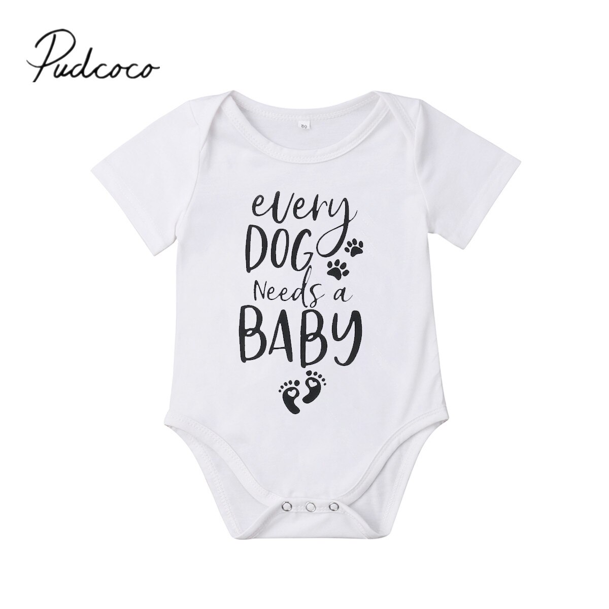 2019 Brand New 0-18 m Causal Verão Criança Menino Menina Bebê Bodysuit Manga Curta Carta Pegadas de Cachorro Branco macacões Roupas