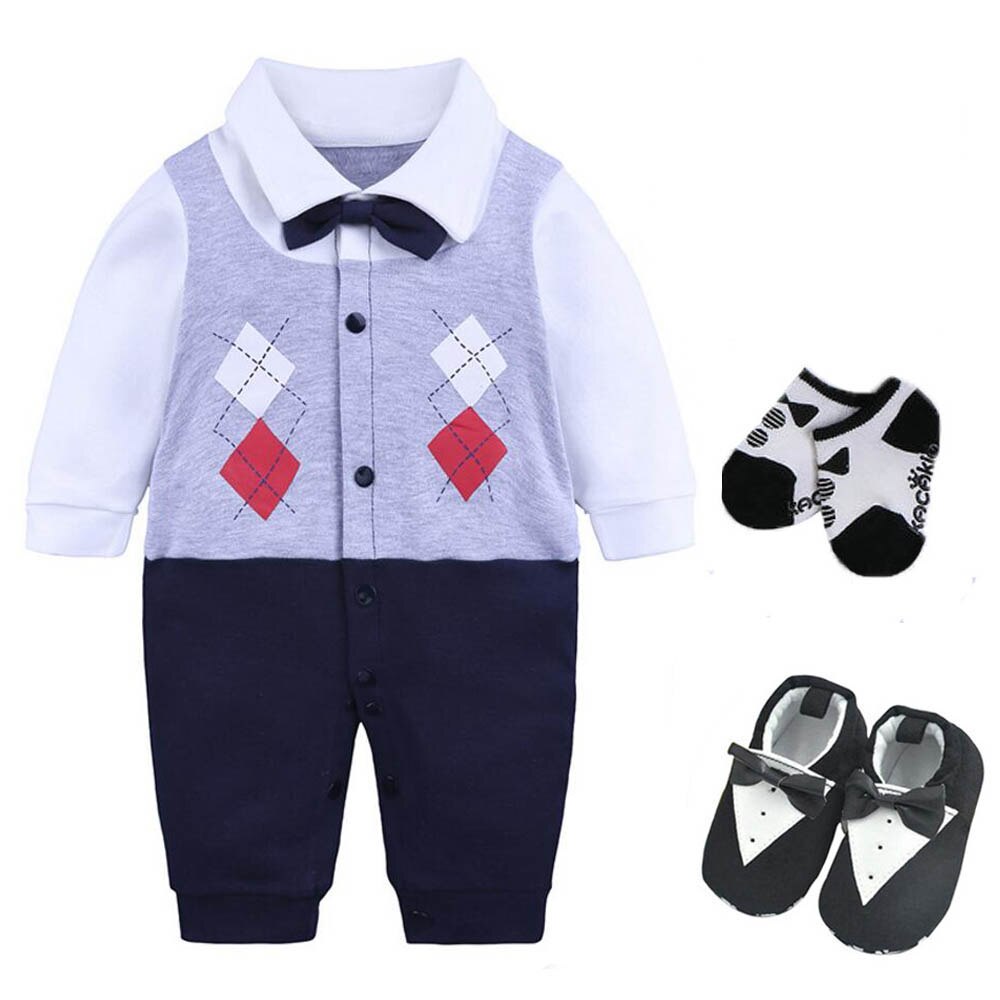 Ropa Infantil para bebés, traje de de cumpleaños + sombrero + calcetines + zapatos para niños de algodón 3 6 9 12 m, traje de caballero, de Pascua: 3 pieces set---gray / 6 meses