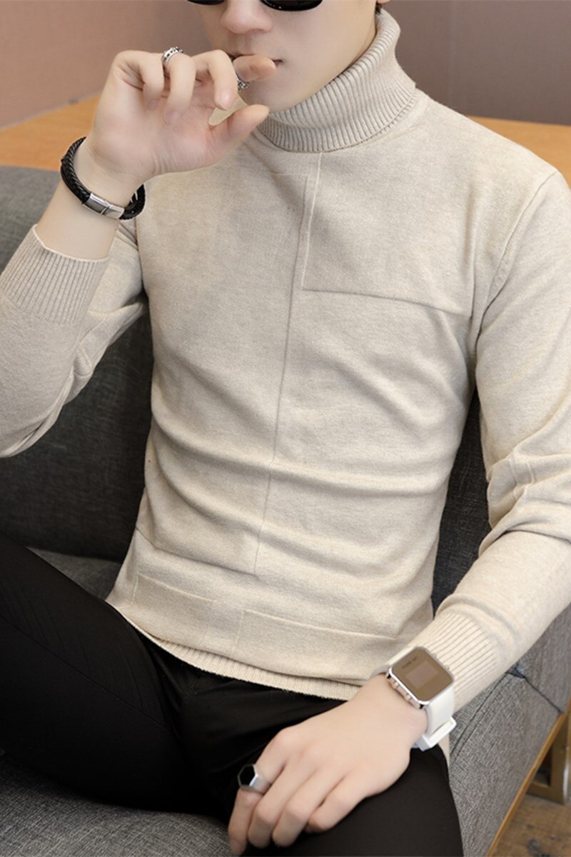 Tröja med turtleneck botten för män enfärgad business casual stickad tröja snygg slimmad lätt match tröja herr cool