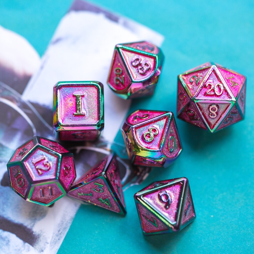 Cusdie kleurrijke metalen d&d dobbelstenen , 7 stuks dnd dobbelstenen, polyhedrale dobbelstenenset, voor rollenspel mtg pathfinder-paars