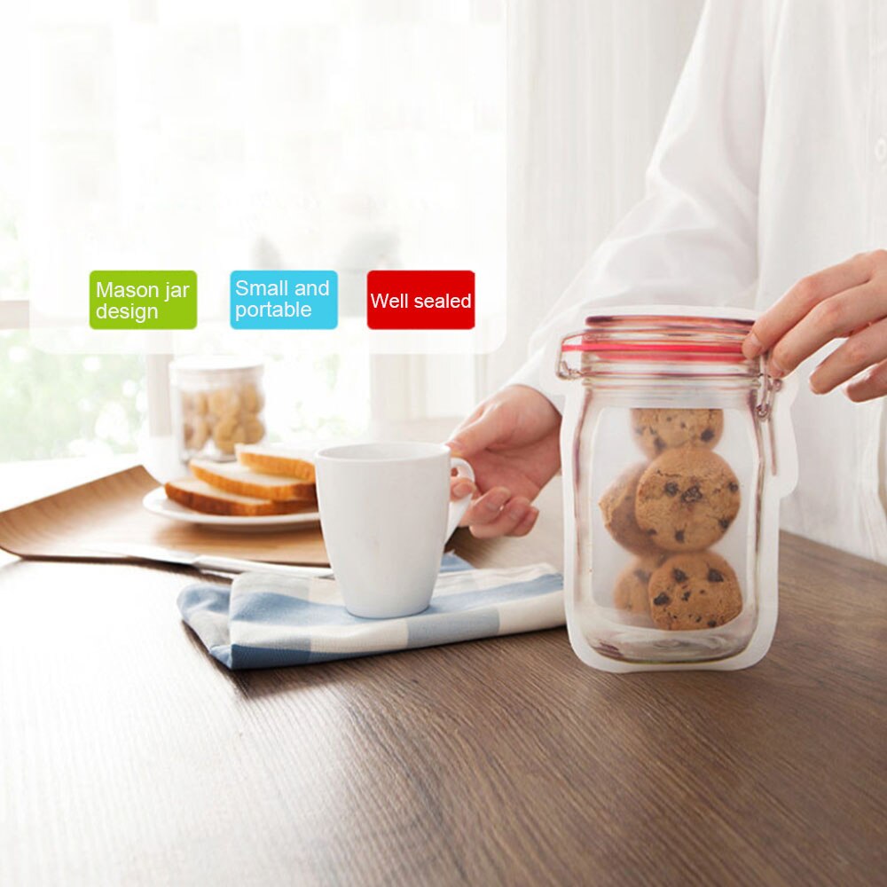 Mason Jar-bolsas reutilizables para botellas, bolsas de caramelos de frutos secos para galletas, Bolsa de almacenamiento de alimentos frescos, aperitivos, organizador de cocina sellado con cremallera, 5/10 Uds.