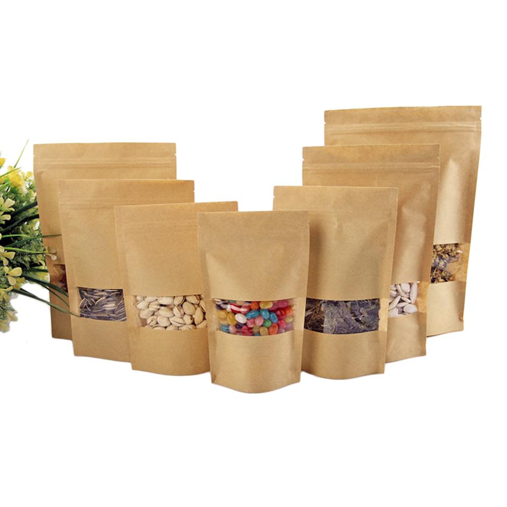 Bolsa Ziplock de papel Kraft de 10 Uds. Para frutos secos, frutas y alimentos, embalaje de ventana para bolsas de , bolsas reciclables para pan o fiestas