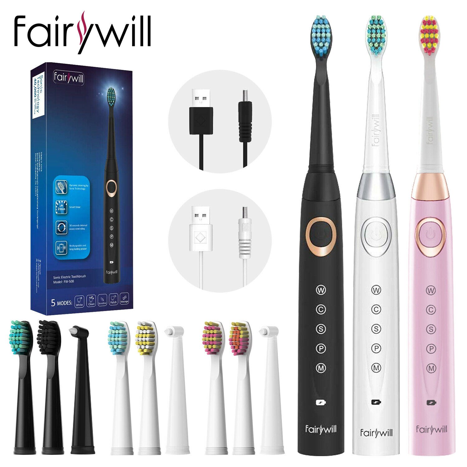 Fairywill Sonic Elektrische Zahnbürste FW-508 USB Ladung Wiederaufladbare IPX7 Wasserdichte Elektronische Zahn 8 Ersatz Pinsel Köpfe