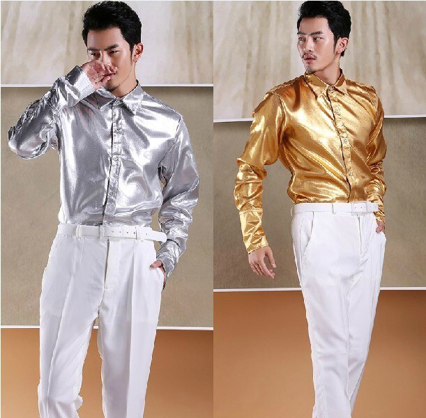 Chemise de soirée pour hommes, tenue de spectacle sur scène, argent, or, jaune, brillante, pour banquet, réunion annuelle, chorale, studio de photographie