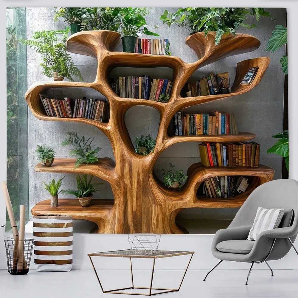 Tree Bookshelf Wall Hanging Multiple Sizes 2D Print Nordic Plants Study Decor 100 Polyester Machine Wash Tranquil Feel