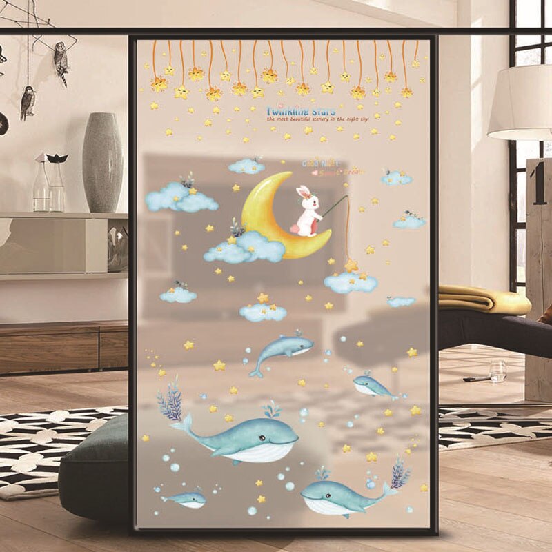 Diy tegneserie låve vegg klistremerke hjem rom dekorasjon blinkende stjerner kanin månehval baby soverom dekor avtakbar pvc tapet