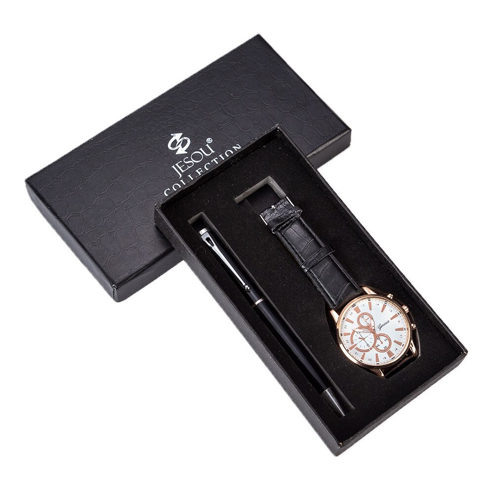 Men's Set Beautifully Packaged Watch + Pen Set Combination Set: Black And White