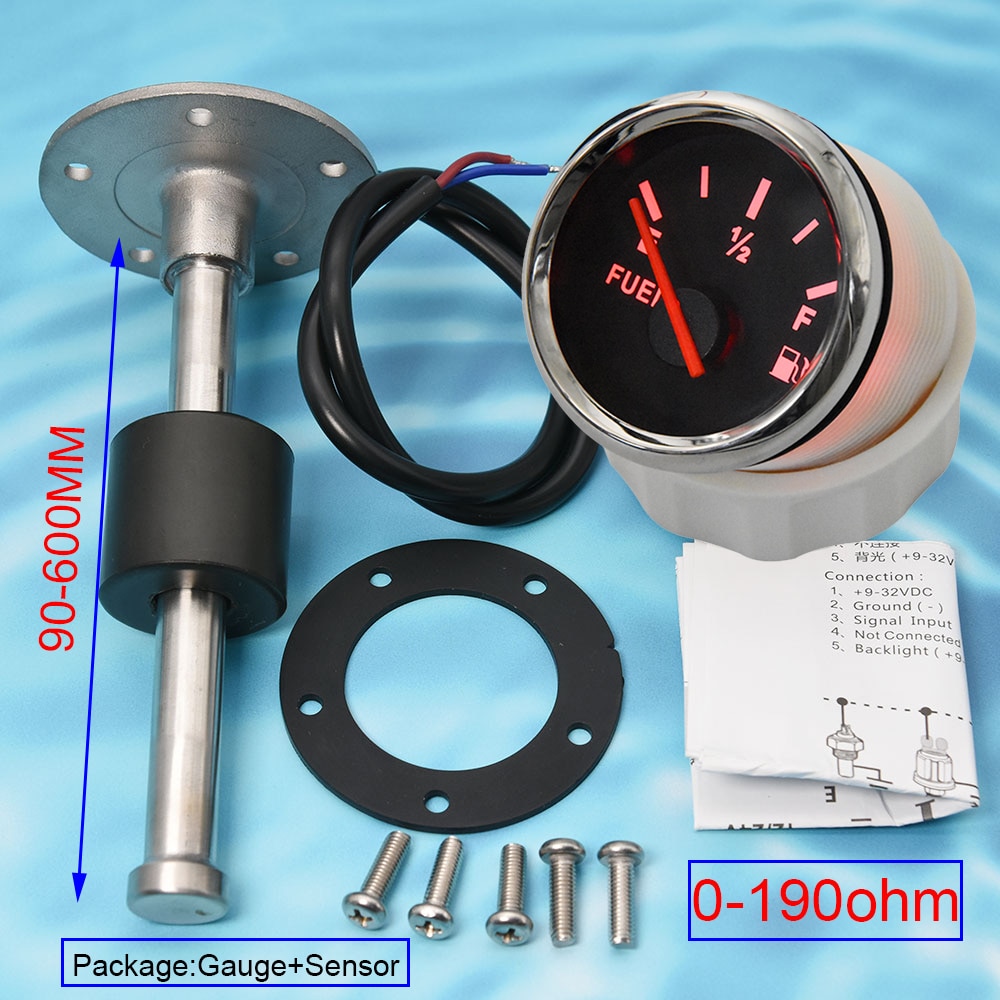Boat Car 52MM Fuel Level Gauge with Fuel Level Sensor 90 120 140 200 240 260MM Stainless Steel Fuel Level Meters Fit 0~190ohm