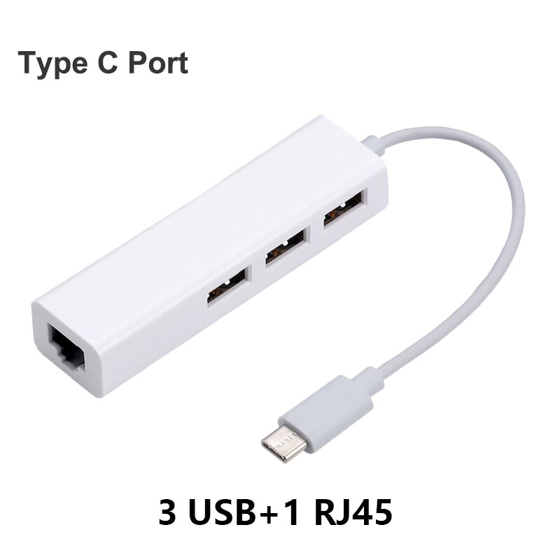 USB Ethernet con 3 puertos USB HUB 2,0 + RJ45 tarjeta de red Lan USB a adaptador Ethernet para Mac iOS Android PC RTL8152 USB 2,0 HUB: Type C Port