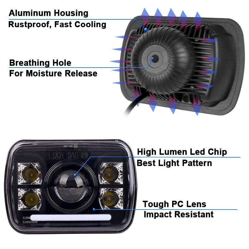 Faro LED cuadrado de 5x7 pulgadas, 60W, con luz diurna, para GSX1100S ZRX400 XJ YJ 180SX