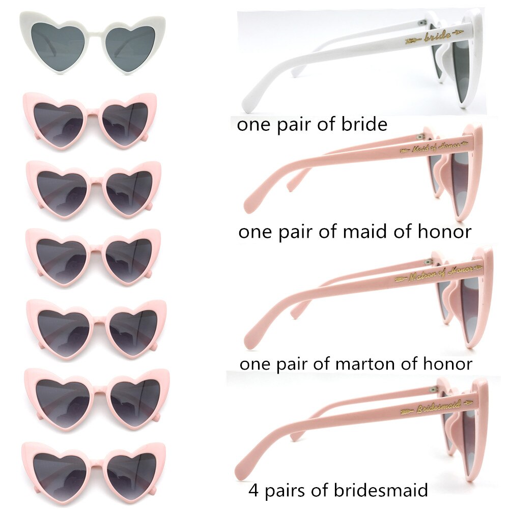 Gafas de sol con forma de corazón para dama de honor, lentes de sol Retro Para Boda, de despedida de soltera, , 7 par/lote: Pink-1