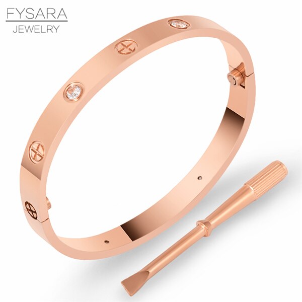 FYSARALuxury Titanium Steel Classic Crystals Cross Bangles Women Men Screwdriver Wristband Bangle Couple Gold Love Screw Bangles: Rose Gold With Stone / inner perimeter19cm