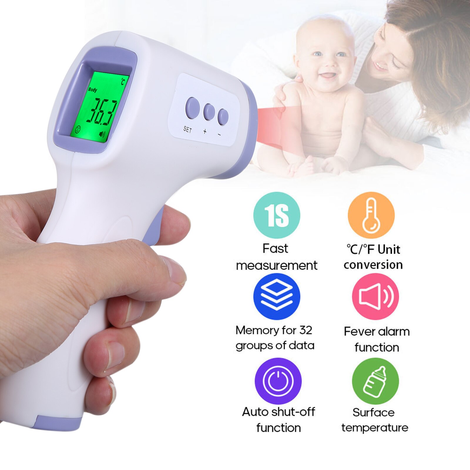 Termómetro Digital infrarrojo IR sin contacto, Sensor de temperatura para frente, cuerpo/objeto, medición LED para bebés/adultos