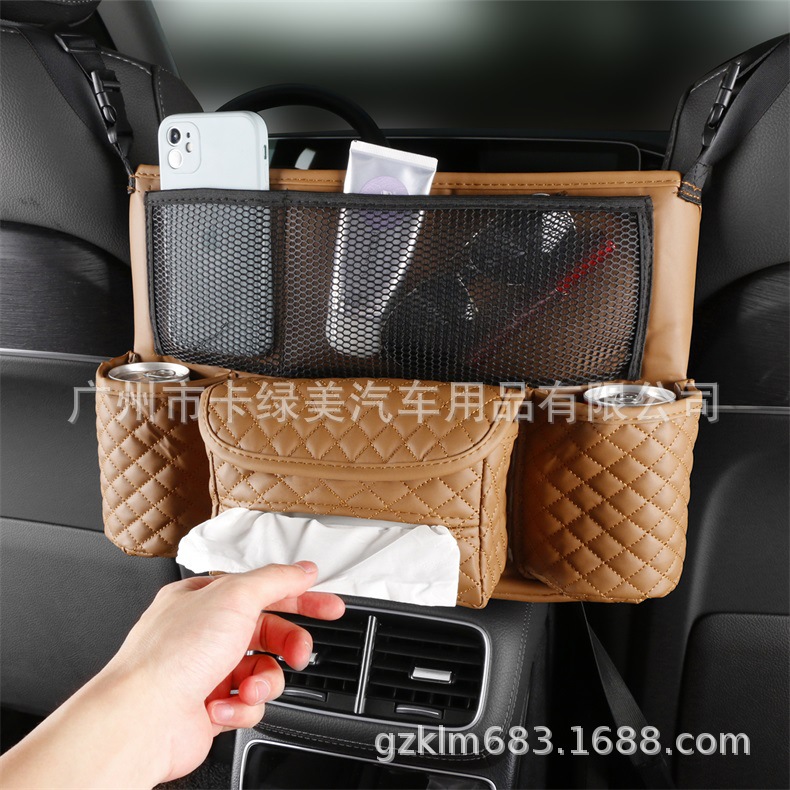 Leather Car Seat Middle Hanger Storage Bag Luxury Auto Handbag Holder Between Seats Tissue Water Cup Pockets Stowing Tidying