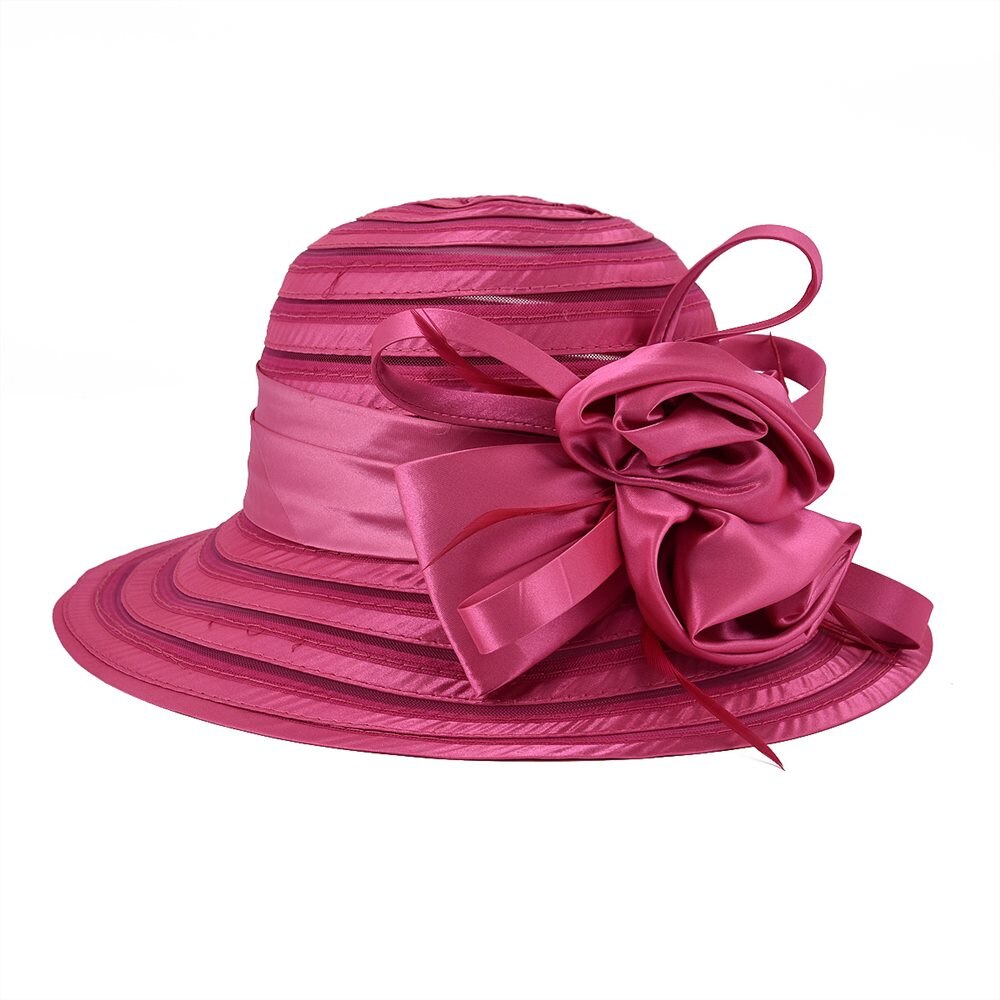 VOBOOM Organza été chapeau femmes vert large bord Protection solaire mariage église mer plage chapeaux rayure dames chapeau arc fleur 001: Rose