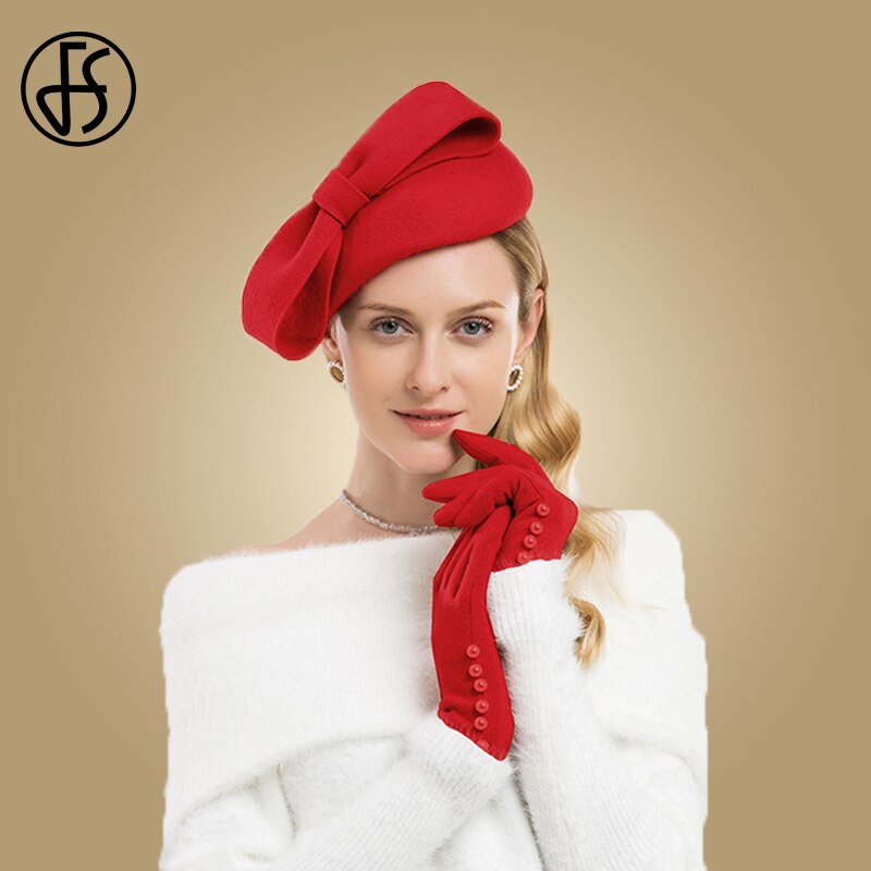 FS Lã Fascinator Pillbox Chapéu de Casamento Das Mulheres Elegantes Chapéus de Inverno Preto Azul Vermelho Senhora Bowknot Kentucky Derby Sentiu Fedoras Caput: Red Derby Hat