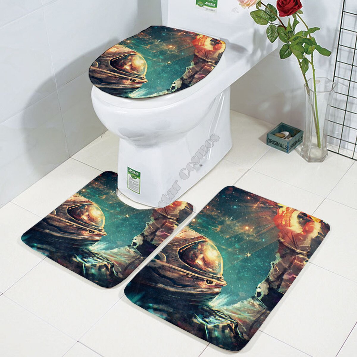 Galaxy astronaut Three-piece set 3D printed Bathroom Pedestal Rug Lid Toilet Cover Bath Mat Set 03: 6