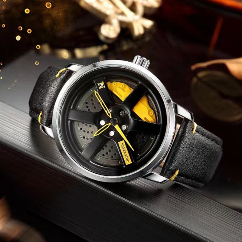 Reloj de UTHAI L98 para hombre, deportiva, personalidad, coche Hub 360 ° Reloj de pulsera de cuarzo para hombre de cuero resistente al agua con rotación