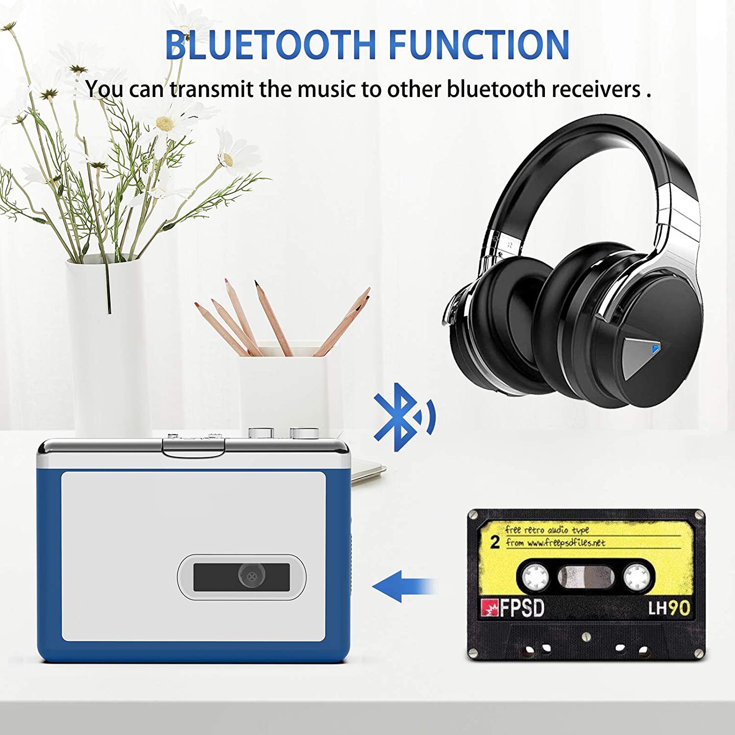 Pyle Bluetooth Cassette Player - Auto Reverse Walkman With Headphone Jack