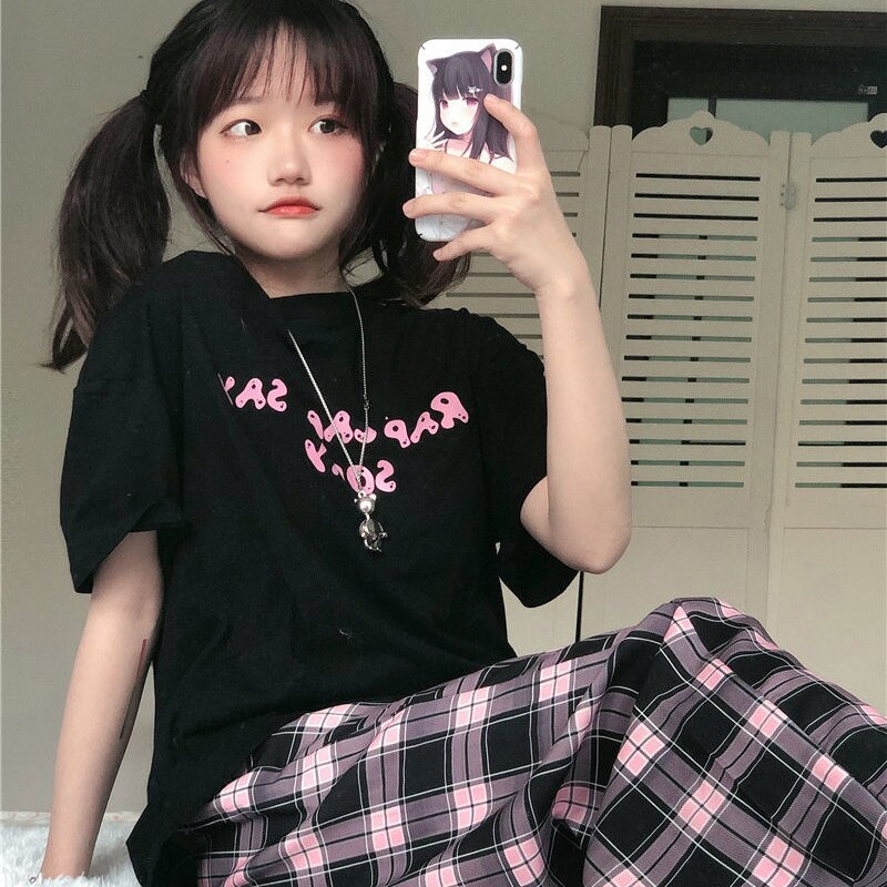 Pantalones a cuadros negros y rosas de gran tamaño para mujer, pantalón informal holgado de pierna ancha, Pantalones rectos Retro para adolescentes, ropa de calle de hip hop
