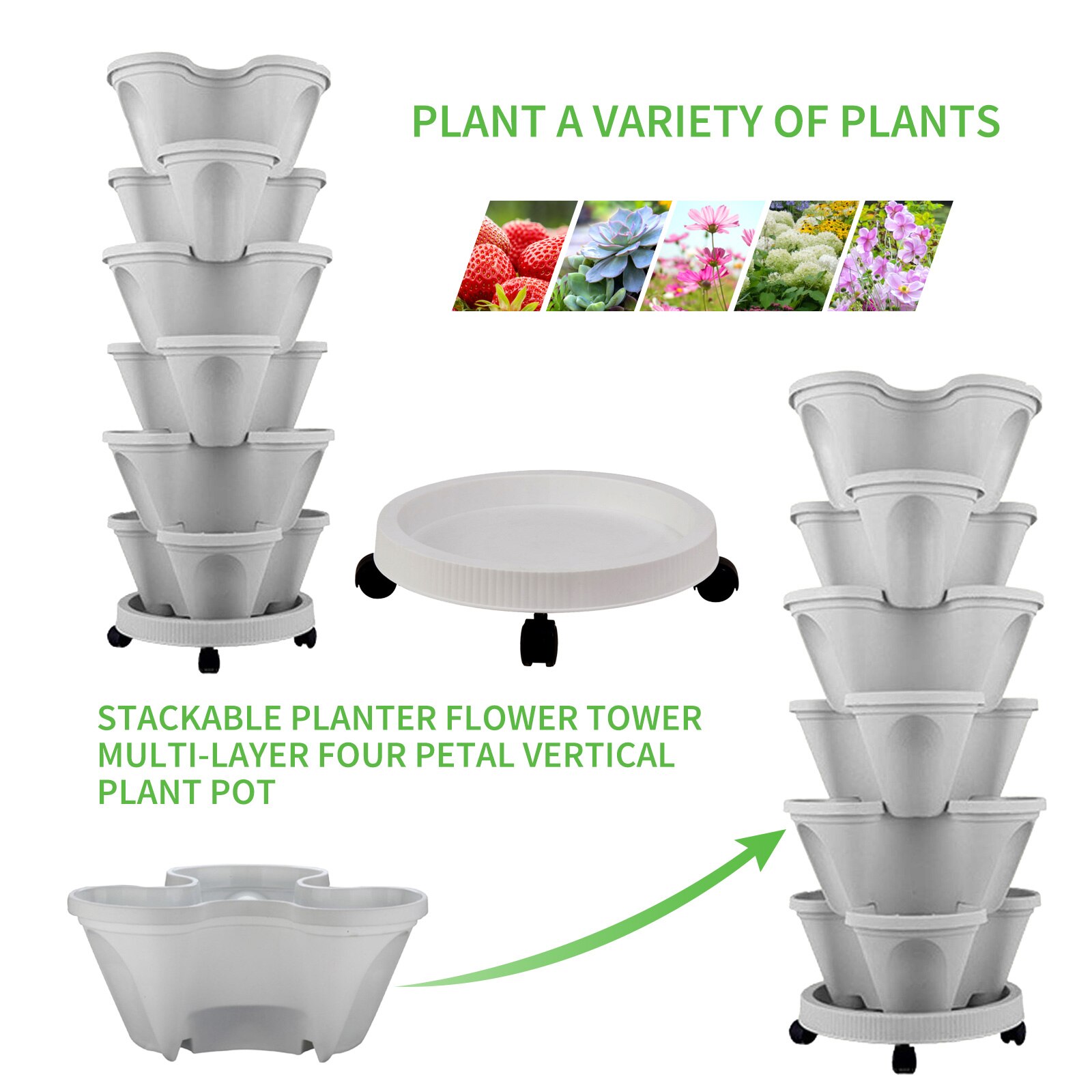 Vertical Stackable Strawberry Planter Pot Removable Universal Wheel Tray Plant Gardening Stacking Seedling Holder Home Garden