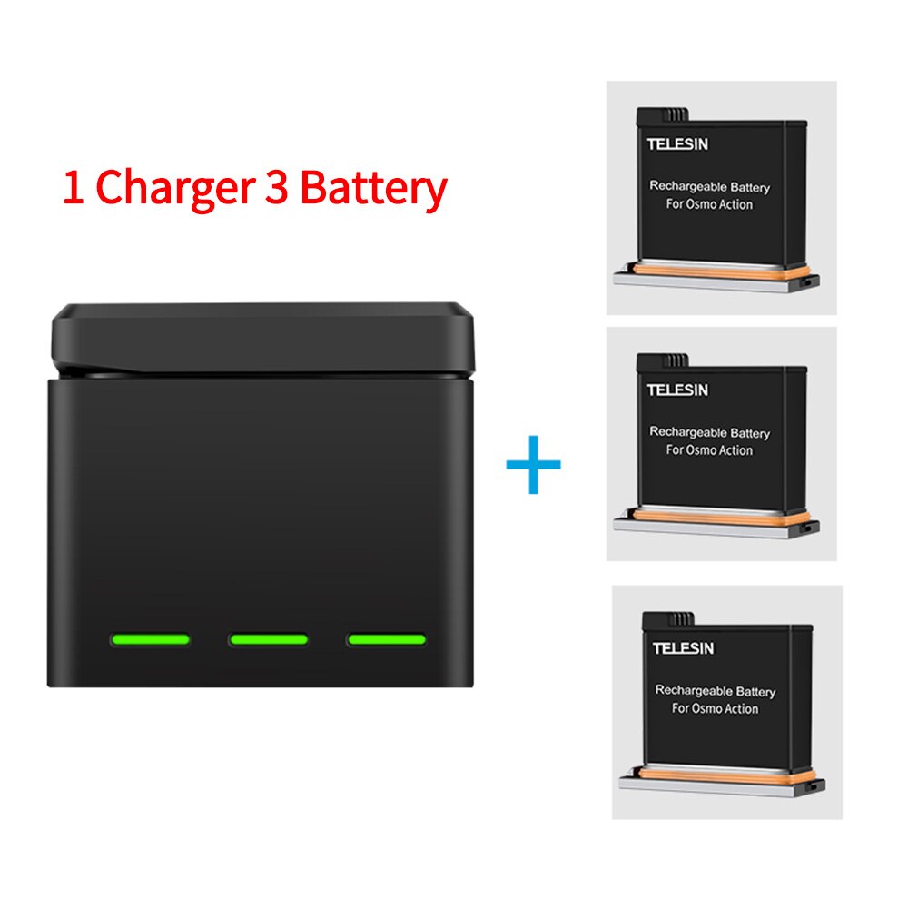 TELESIN 1300mAh Battery + 3 Slots Battery Storage Smart Charger TF Card Storage Box for DJI Osmo Action Camera Accessories: 1 Charger 3 Battery