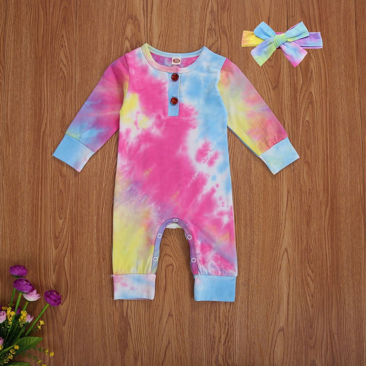 FOCUSNORM 0-18M Del bambino Delle Ragazze Dei Ragazzi cravatta-tintura corpo E Pagliaccetti A Maniche Lunghe Pulsante di Stampa Autunno Tute E Tute Da Palestra fascia 2pz