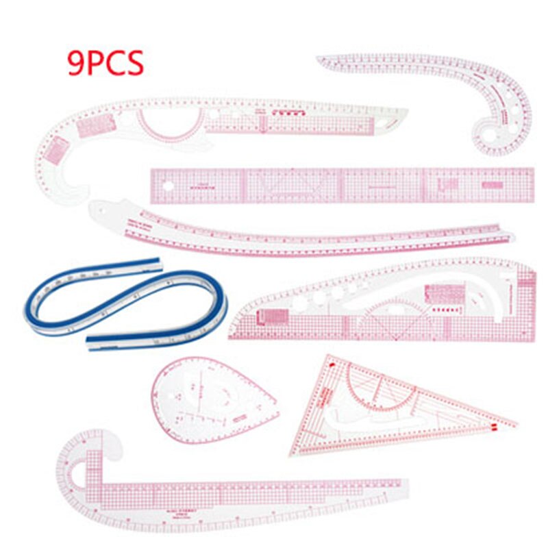 Fransk kurve sysett sy linjal multifunksjonell syverktøy kutte linjal klær prøve metrisk målestokk: 9 stk sett