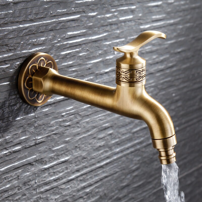 Carved Wall Mount Decorative Outdoor Garden Faucet Bibcock Brass Retro Tap Bathroom Washing Machine Mop Tap Antique WC Faucet