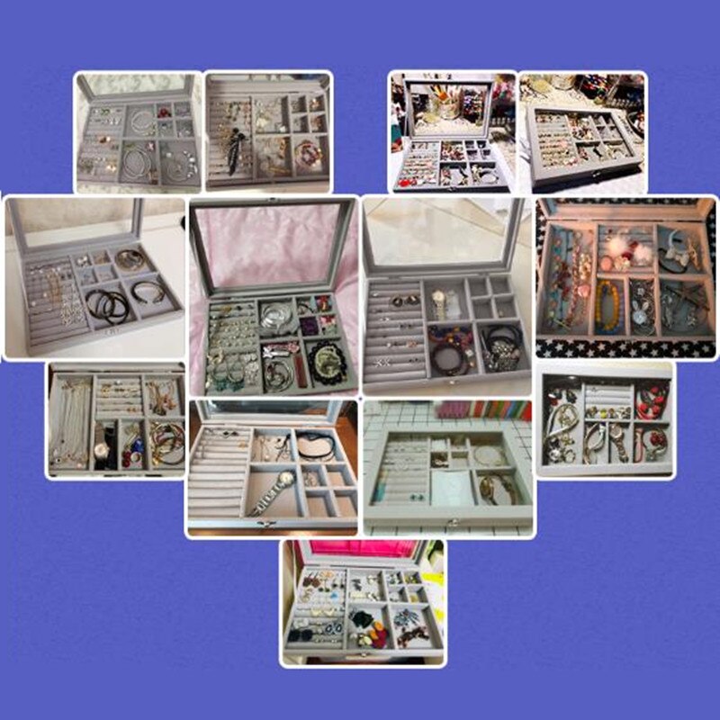 Fluwelen sieradenorganizer, sieradendisplaybox met glazen deksel, multifunctionele sieradenopbergdoos, sieradenshowcase voor ring, oorbel, ketting, armbanden, sieraden (zwart