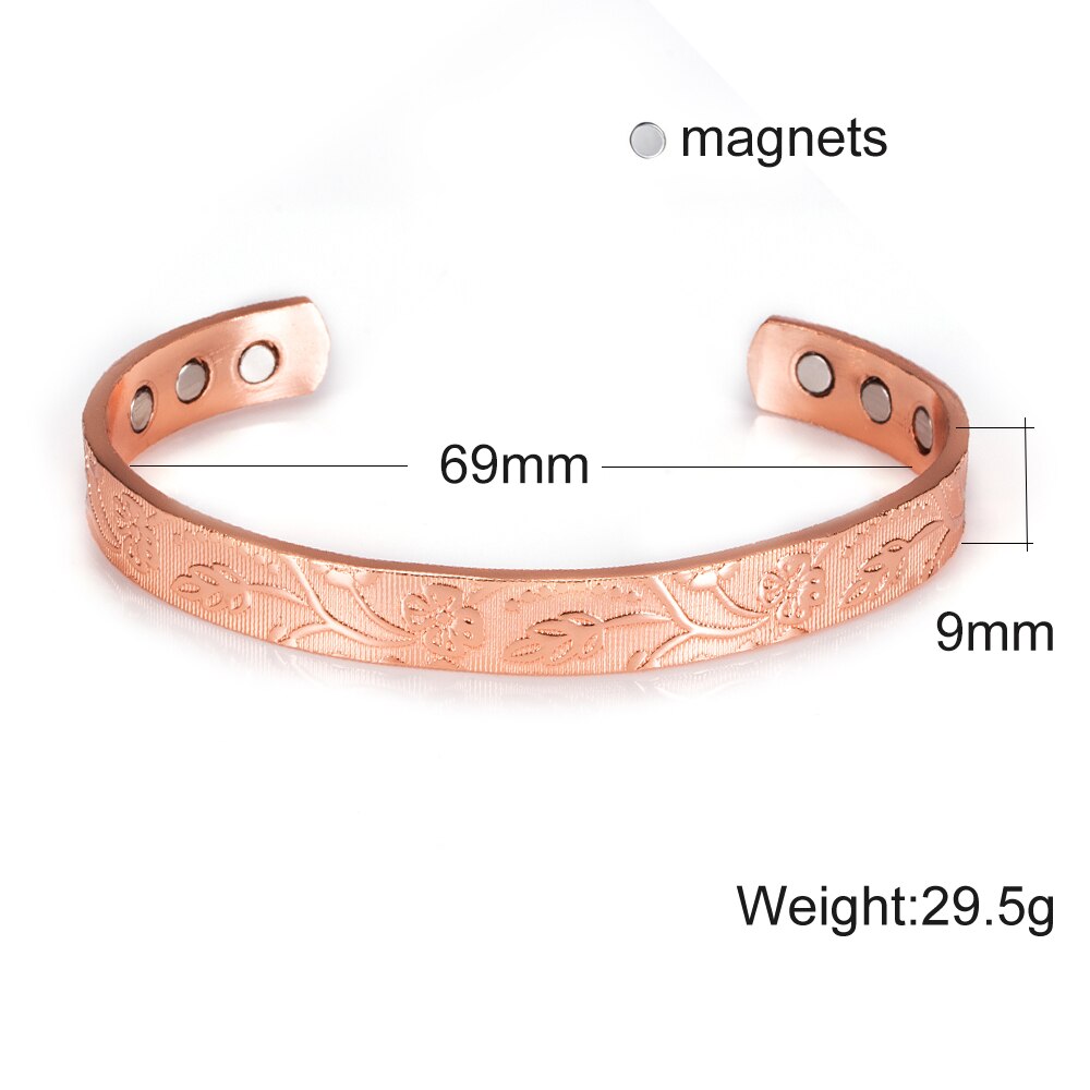 Vinterly Open Manchet Verstelbare Armbanden voor Vrouwen Gezondheid Energie Magnetische Armbanden Bloem Patroon Zuiver Koper Armbanden en Armbanden