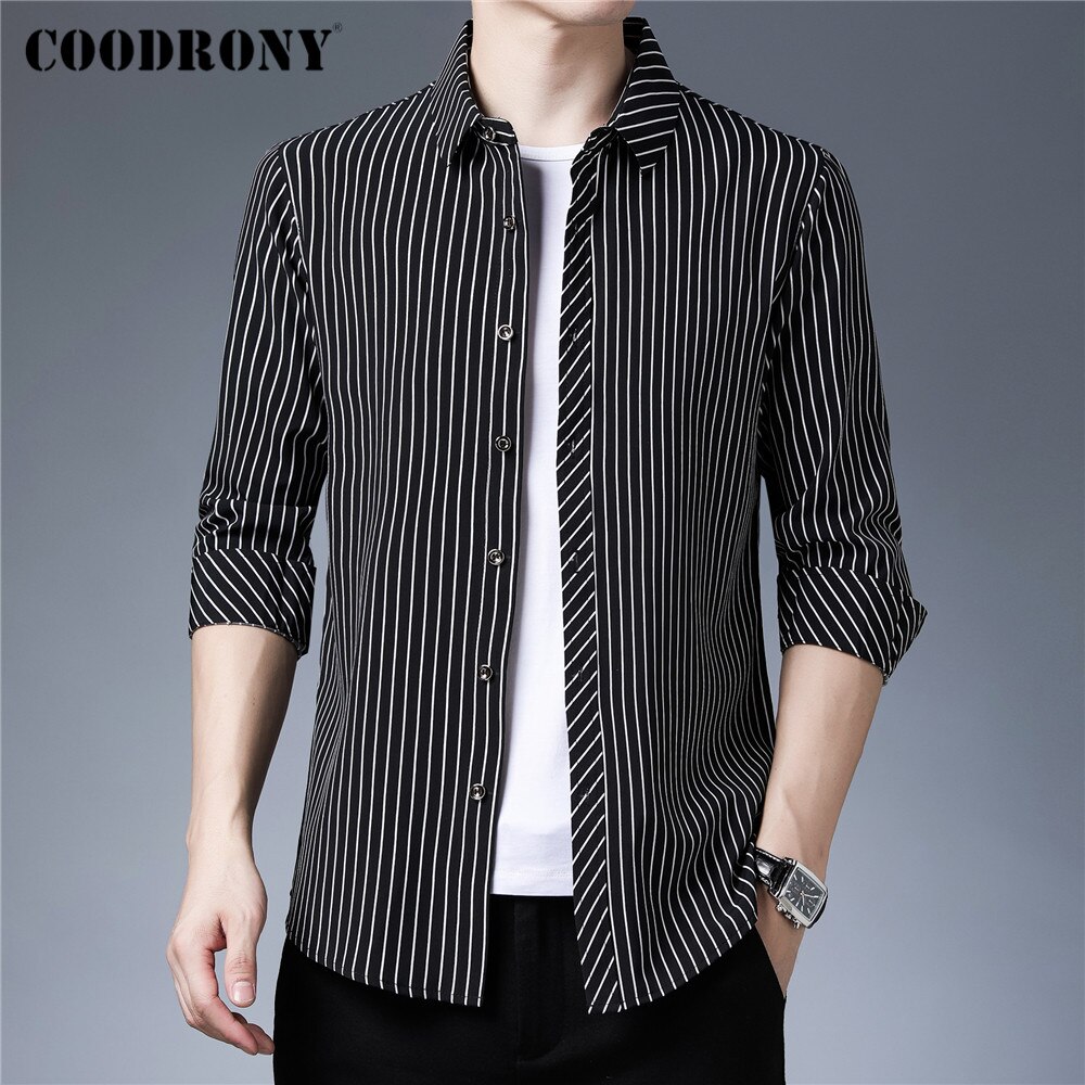 COODRONY-ropa de calle a rayas para hombre, camisa de manga larga ajustada, informal, de negocios, a la , novedad, primavera y otoño, C6216: Negro / XXXL