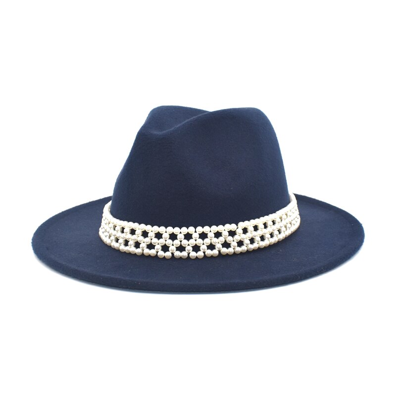FUODRAO Women Wide Brim Wool Felt Fedora Panama Hat Jazz Trilby Hat Party Cowboy Hat Women Red F86: Navy blue