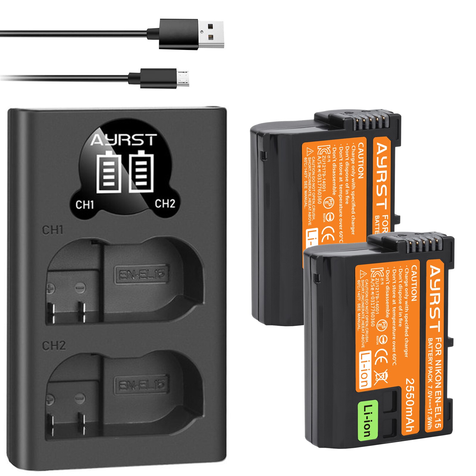 2 Pcs 2550mAh EN-EL15C EN-EL15 Batterie + LED USB Dual Ladegerät für Nikon Z5,Z6, z6 II,Z7,Z7II D600 D610 D600E D800 D800E D810: Default Title