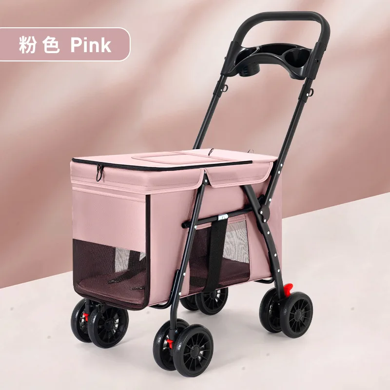 Leve e dobrável Pet Stroller, carrinho de cachorro pequeno, Cat Teddy, uso ao ar livre, tamanho médio a grande: Rosa