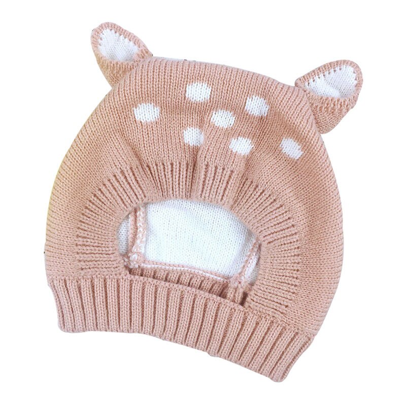 Rådjur baby mössa med öron tecknad vinter baby huva stickad elastiska barn mössor spädbarn mössa jul i 6-24 månader 1 pc: Rosa
