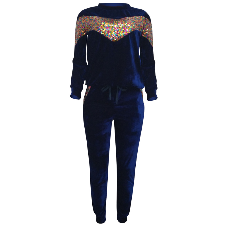 2 TWO PIECE SET Sequin Women Tracksuit Velour Jogger Pants Long Sleeve Patchwork Sweat Suit Female Sweatsuit Outwear Warm Winter: Blue / M